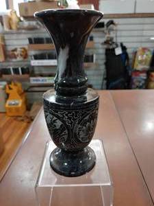 lot 2099 image: Etched Heavy Marble Vase  Black & Gray  Floral Design  8 Tall  -WILL SHIP