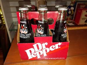 lot 2100 image: Lot of 6 Dr. Pepper 8 oz Bottles  Wichita State University Centennial 1895-1995 -WILL SHIP