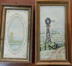 lot 2112 image: Handpainted Tiles by  Mary Yeager in Frames  9 x 5 -WILL SHIP
