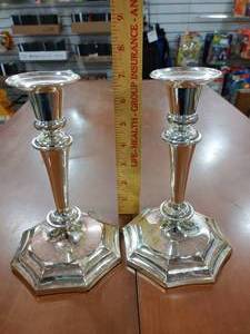 lot 2124 image: Lot of 2 Vintage Weighted Candlesticks  Silverplated  8 12 Tall -WILL SHIP