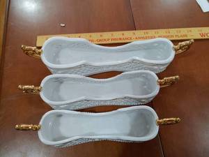 lot 2127 image: Lot of 3 Porcelain Treasures Vintage Flatware Utensil Holder  White with Gold Trim  10 to 12 12 Long -WILL SHIP