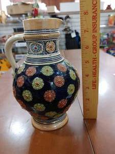 lot 2128 image: Blue Ceramic Pitcher with Gold Accents  Made in West Germany  8 Tall  -WILL SHIP