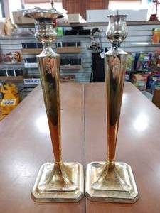 lot 2136 image: Lot of 2 Vintage American Weighted Sterling Silver Candlesticks  Reinforced with Concrete  Total Weight - 1134 g  12 Tall -WILL SHIP