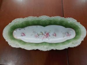 lot 2139 image: Habsburg Austria China Tub Dish  Green Accents with Pink Flowers  11 12 Long x 5 14 Wide -WILL SHIP