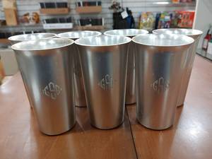 lot 2156 image: Set of 7 Kensington Aluminium Rero Tumblers  Custom-made GSE Etching  5 14 Tall  -WILL SHIP