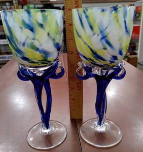 lot 2159 image: Set of 2 Handblown Art Deco Glasses  8 34 Tall -WILL SHIP