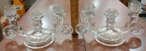 lot 2160 image: Set of 2 Clear Cut Glass Candelabras  Maker Unknown  10 W x 4 H -WILL SHIP