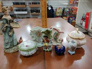 lot 2167 image: Lot of 8 Ceramic Decor Pieces  Cornicopia Made in Occupied Japan 4  P&B Limoges Trinket Box 3 12 Tall  Trinket Box Unknown Maker 2  Tall  Vase (Made in Occupied Japan) 2 Tall  Ceffon China Woman and Chicken 8  Tall  2 Misc. Vases -WILL SHIP