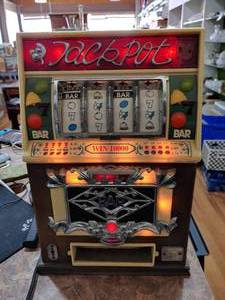 lot 2173 image: Vintage Jackpot Slot Machine RadioCassette Tape Player by Fukushima  WORKS  14.5 Tall x 10 Long x 7 Deep -WILL SHIP