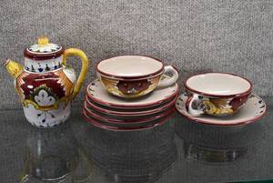 lot 2199 image: Vintage Italian Painted Stoneware Teapot with 2 Teacups & 5 Saucers -WILL SHIP