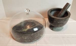 lot 2010 image: Dark Gray Marble Pestle & Mortar (repaired)and GreenGray Cheese Tray wGlass Dome Cover