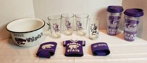 lot 2013 image: KSU Party Items  White Enamelware Handle Pot, 4 Glass Tumblers, 2 ThermoServ Cups and 3 Bottle Covers