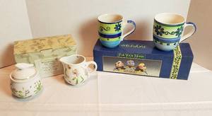 lot 2019 image: Wildflower Meadow Cream & Sugar Set, Jam Jar Set w13 in. wire basket holder (NIB) and 2 Mulberry Coffee Mugs