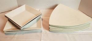 lot 2020 image: 6 Buffalo China Triangle Plates, 3 Pier One 8 in. Square plates and 3 Pier One 10 in. Square plates