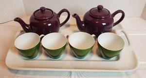 lot 2021 image: Large White Ceramic Tray, 2 Purple Old Amsterdam Porcelain Works Tea Pots and 4 Green Onion European Casual Bavaria Germany Porcelain Cups (1 handle repaired)