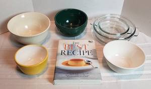 lot 2025 image: 4 Ceramic Mixing Bowls, 2 Clear Glass Oven Ready Bowls and The Best Recipe Cookbook
