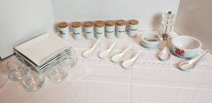 lot 2041 image: Assortment of Small Serving Dishes  Square plates, Bowls & Spoons, PestleMortar, Glasses, and Spice Holdersgrinder