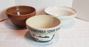 lot 2044 image: 3 Large Crock Ceramic Mixing Bowls  Brown one has chip on Lip of Bowl