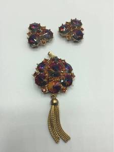 lot 1032 image: Vintage Signed AB Rhinestone Tassel Chain Pendant Stamped COLEE, with matching earrings - need clips