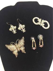 lot 1038 image: Vintage AB Rhinestone Jewelry - Butterfly Pin, Cross Earrings, Drop Earrings, Clasp Set
