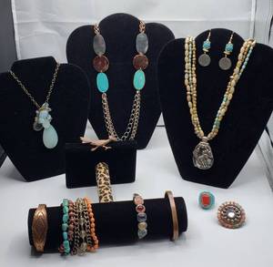 lot 1052 image: Sterling Silver, Copper & Southwest Design Fashion Jewelry  the Rabbit Pendant on Stone necklace is marked Sterling