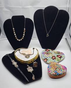 lot 1053 image: Sterling & Fashion Jewelry (Double Heart Necklace is Sterling)  Brighton Necklace, Geneva Ladies Watch, Photo Pendant, and Ring