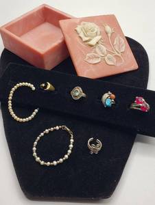 lot 1056 image: Sterling & Fashion Jewelry - 1 Childs Ring & Bracelet marked 925, Red Stone Ring Marked EDCO, and a Carved Rose JewelryTrinket Box