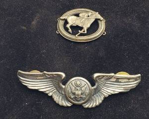 lot 1057 image: Vintage Sterling US Air Force Wings pin (18g TW) and Lucky 7 Jockey MedalRibbon Pin