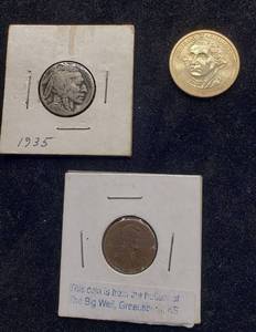 lot 1058 image: George Washington Gold $1 Coin, 1935 Buffalo Nickel, and 2006 Lincoln Penny from the bottom of the Big Well, Greensburg, KS