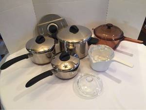 lot 1201 image: Revere Excel Cookware - 7pcs, Corning Vision 2qt. lidded pot, Corning 1qt. lidded sauce pot, extra lid