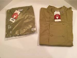 lot 1208 image: NIP - 2 Chef Works Olive Green LS Chef Coats - 1 Med., 1 Lg.