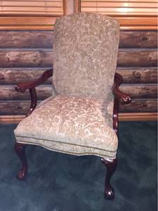 lot 1223 image: Beautiful Cherry Wood Upholstered Arm Chair with Ball & Claw Feet, Nailhead Trim, & Taupe Brocade Fabric