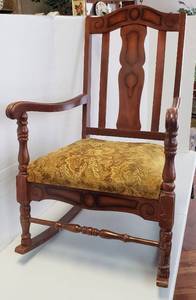 lot 1235 image: Vintage Wood Rocker wUpholstered Cushion Seat  38 in. tall & 19 in. Seat