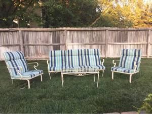 lot 1501 image: Vintage Iron Patio Set - Couch, 2 Arm Chairs - with New Cushions & Glass Top Coffee Table