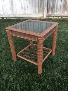lot 1502 image: Vinyl Rattan Glass Top Patio Side Table