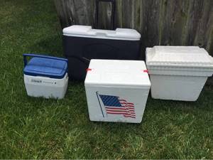lot 1509 image: 2 Coleman & 2 Foam Coolers - Large Coleman does not have wheels