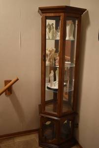 lot 2011 image: Lighted Wood Corner Curio Cabinet 70Tx16Wx12D -Contents Not Included