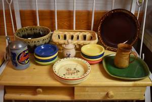 lot 2086 image: Vintage Kitchenware & Pottery -German Stein, Dripglaze Bowl, Plate, Childs Bowl, & More