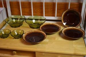 lot 2047 image: Lot of Drip Glaze Pottery Bowls & Green Glass Bowls