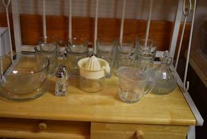 lot 2060 image: Clear Glass Kitchenware -Juicer, Bowl, Salt & Peper, Cruet, Fire-King Measuring Cup, Glasses