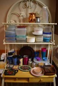 lot 2069 image: Lot of Kitchenware -Pitcher, Plastic Containers, Mugs, Wood Bowls, Cast Iron Trivets
