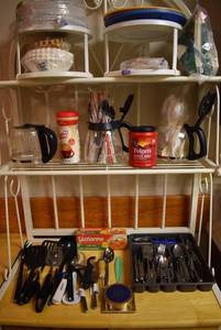 lot 2098 image: Kitchenware- Coffee Pots, Silverware, Lazy Susan, Utensils, Brass Coaster Set & More