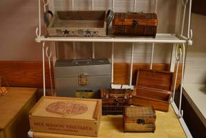 lot 2075 image: Lot of Vintage Boxes & Chests Lane Cedar Box, Metal Recipe Box, Wood Tray, Wine Box, etc.