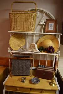 lot 2076 image: Lot of Decor Items -Straw Hat, Basket, Pewter, Wood Box, Brass Candlestick & More
