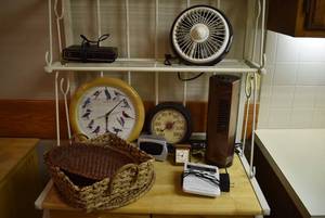 lot 2101 image: Fans, Clock Radio, Bird Call Clock, Travel Clock, Baskets, Weather Alert Radio, Thermometer