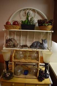 lot 2102 image: Assorted Decor -Cast Cat, Glassware, Pair of Lamps, Fruit in Baskets & More
