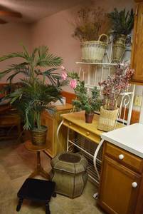 lot 2105 image: Home Decor Lot, Assorted Greenery, Chest, Vintage Wood Footstool, Baskets, Vases & More