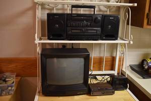 lot 2113 image: Vintage Electronics -Sony Boombox, Montgomery Wards CRT TV, Two Clock Radios