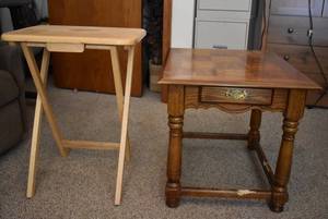 lot 2122 image: Pair of End Tables -One folds, one has damage on cross piece. See photos for details.