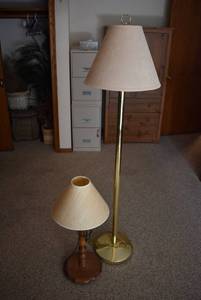 lot 2126 image: Two Lamps - One Brass Floor Lamp One Wood Desk Lamp